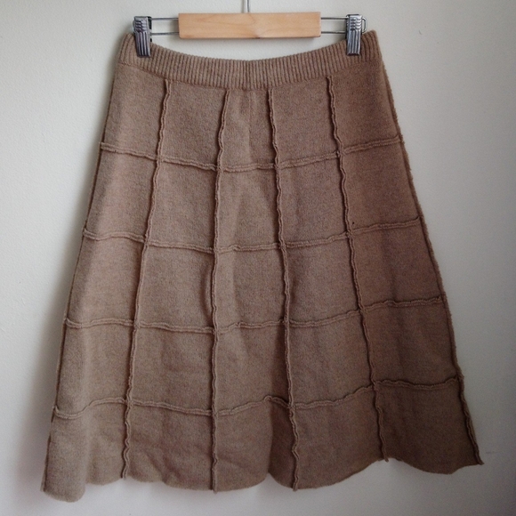 VINTAGE • 70s Wool Mushroom Brown Knit Grid Skirt - Picture 2 of 4